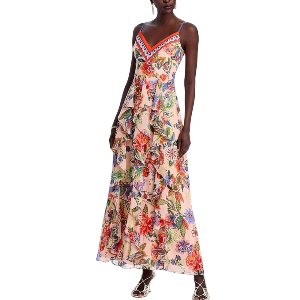 NEW! Eliza J Chiffon Floral Print V-Neck Sleeveless Ruffle Sheath Maxi Dress 12